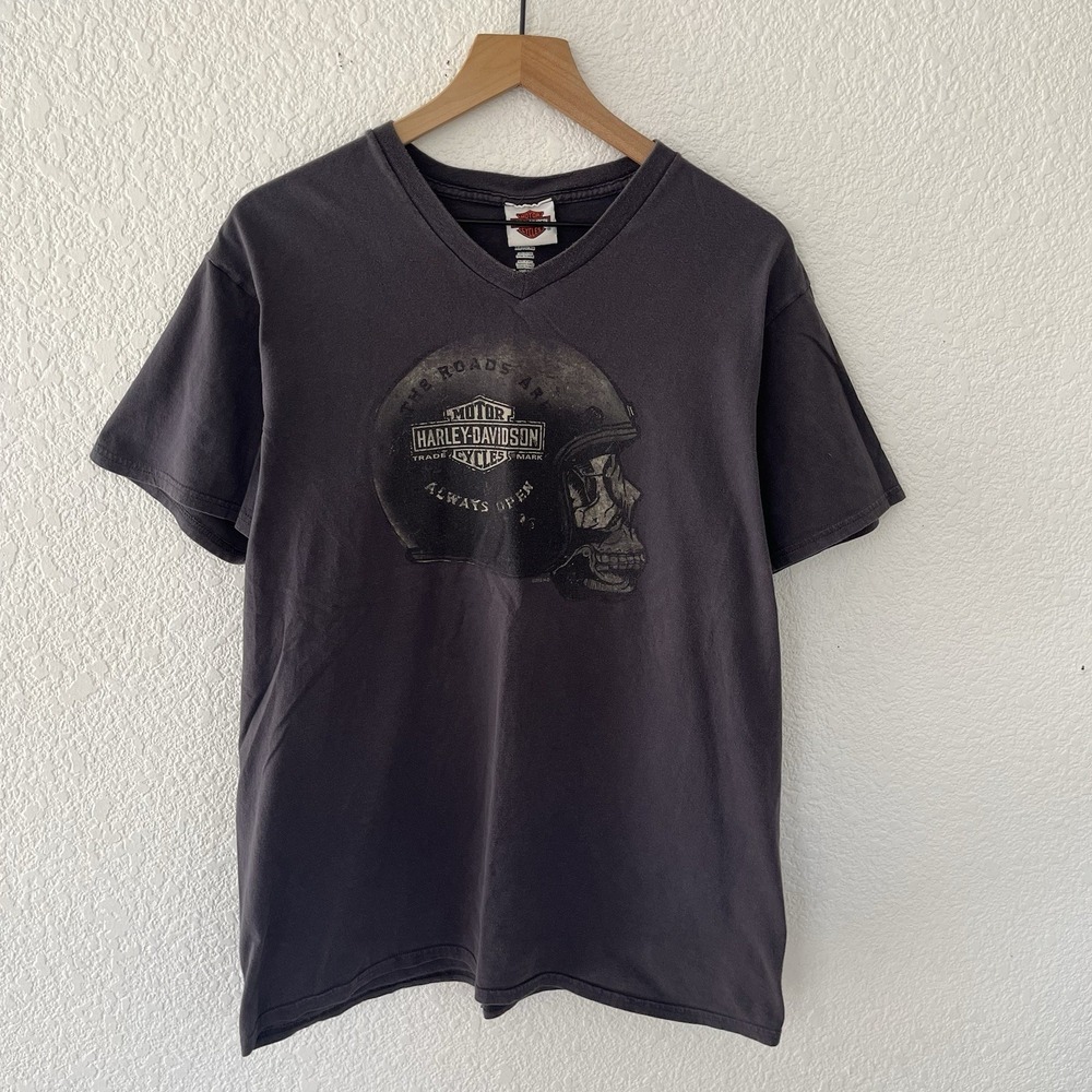 Harley Davidson Shirt Mens Sz XL Gray Helmet Skull Tee Grunge Biker Motorcycles - Picture 1 of 16